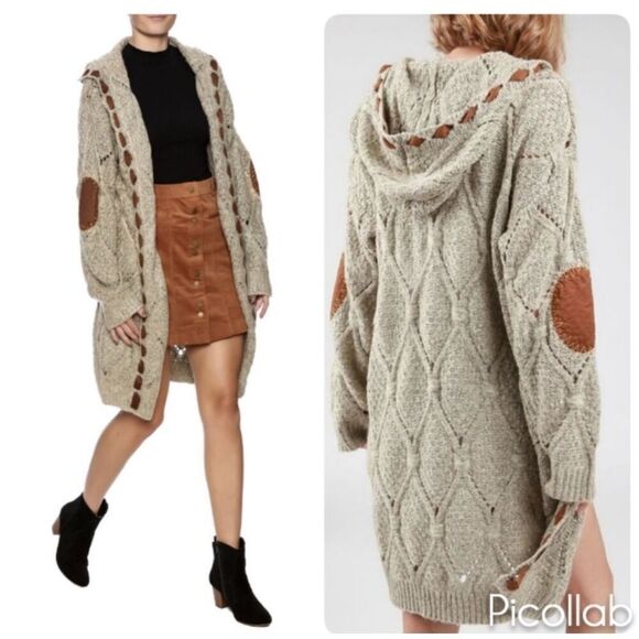 POL Sweaters - POL Brown Cable Knit Oversized Hooded Sweater Tan Open Cardigan Size Small